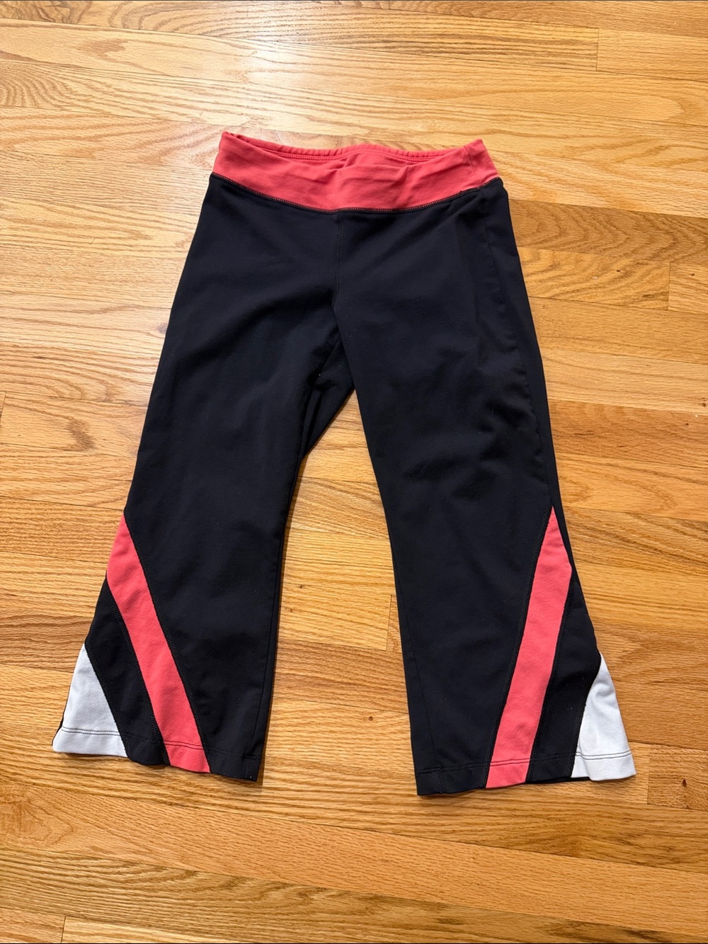 Women’s Black and Coral Capri Leggings with White Accents